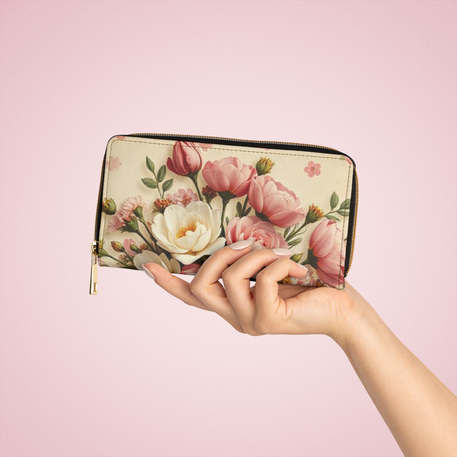 Vintage Pink Floral Bouquet Zipper Wallet - Image 3