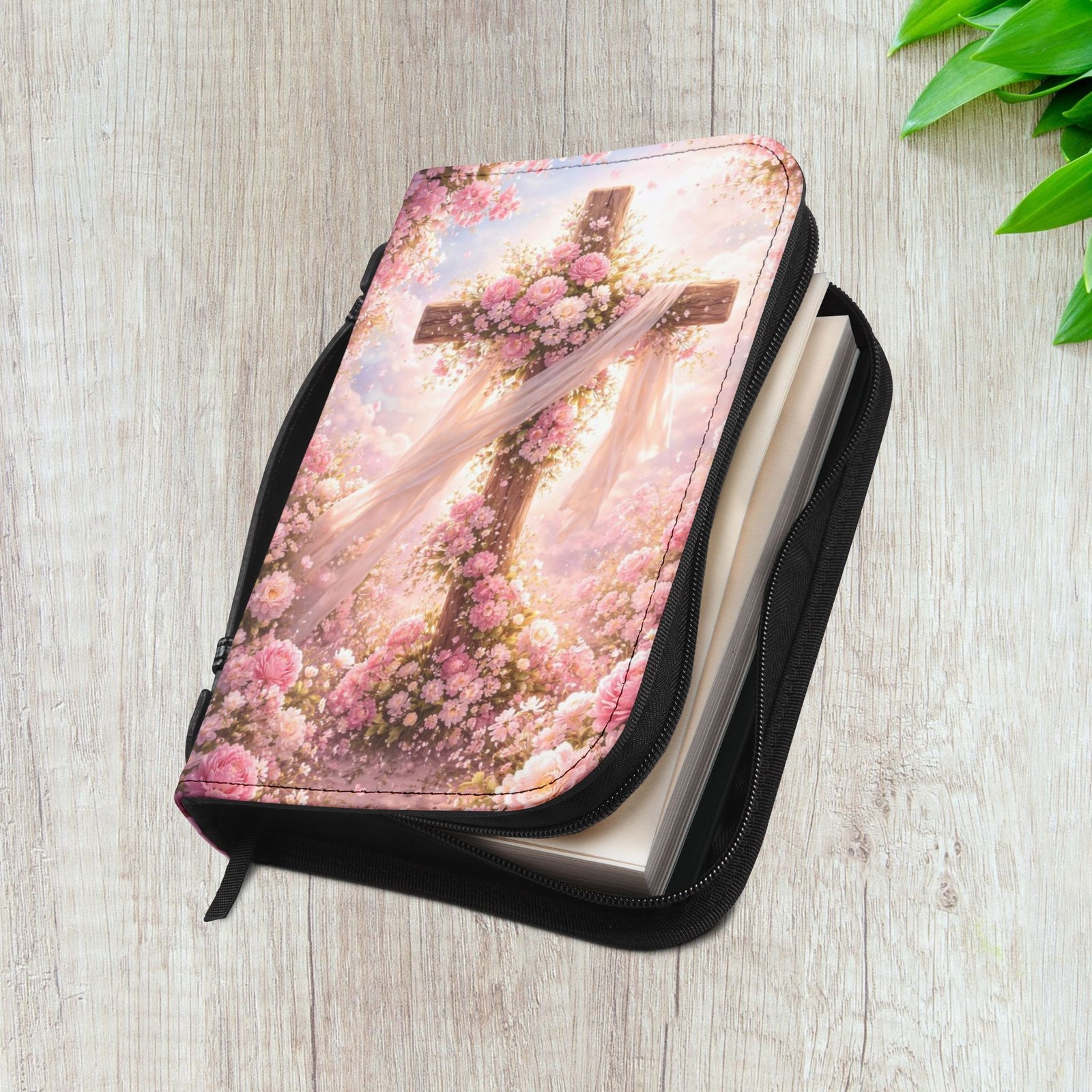 Pink Floral Cross Zippered Bible Cover Case - Image 5
