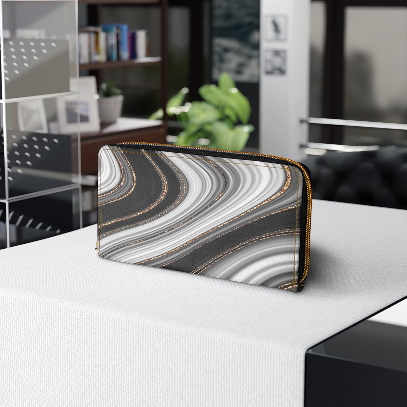 Marble Swirl Black, White & Gold Zipper Wallet - Image 5