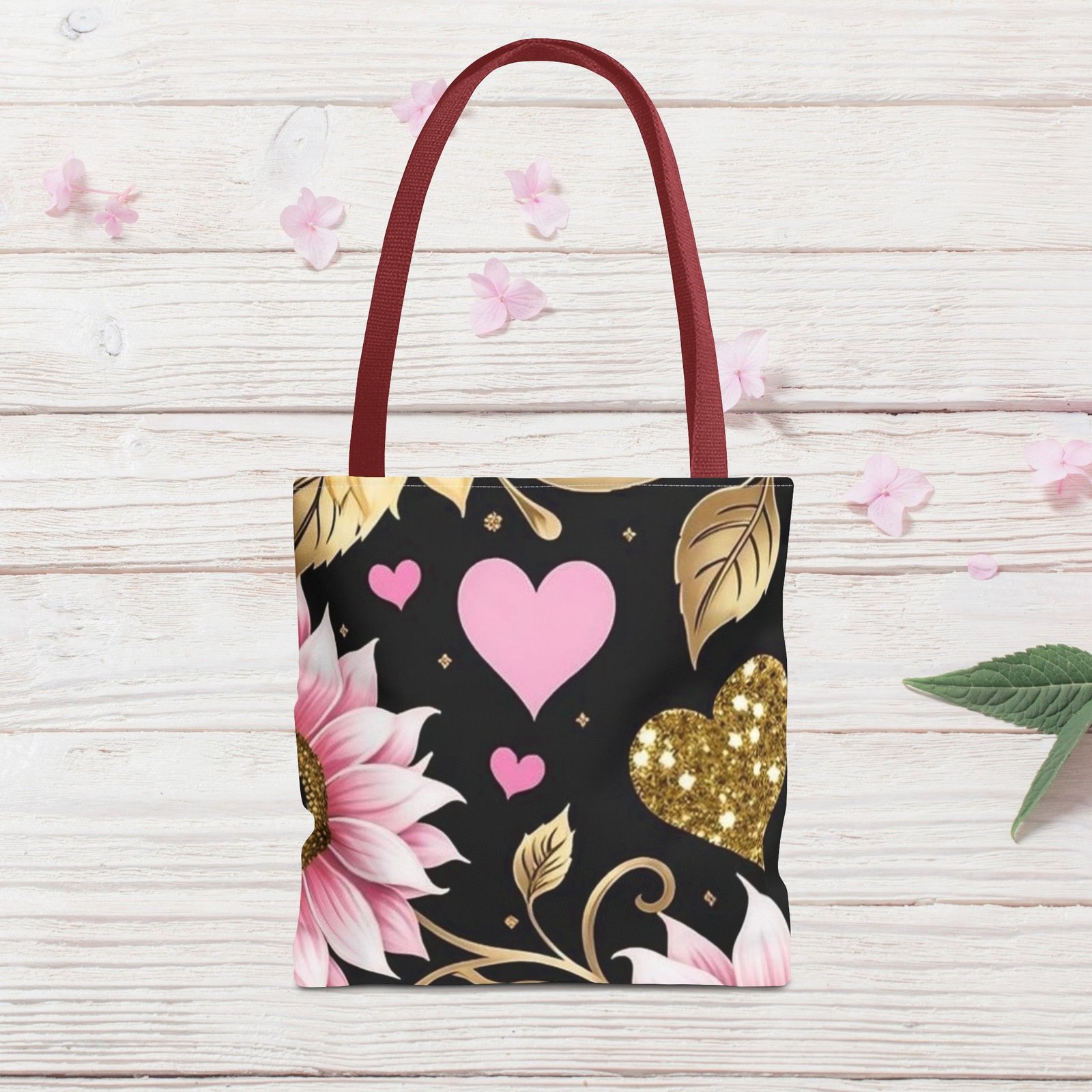 Pink Floral & Glitter Gold Hearts Tote Bag - Image 7