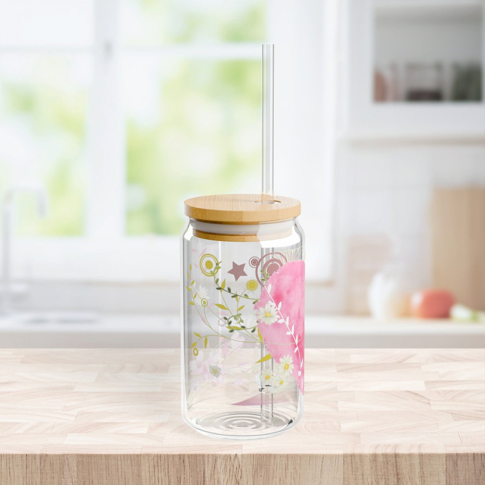 Pink Watercolor Heart & Floral 16oz Glass Sipper with Reusable Straw - Image 3