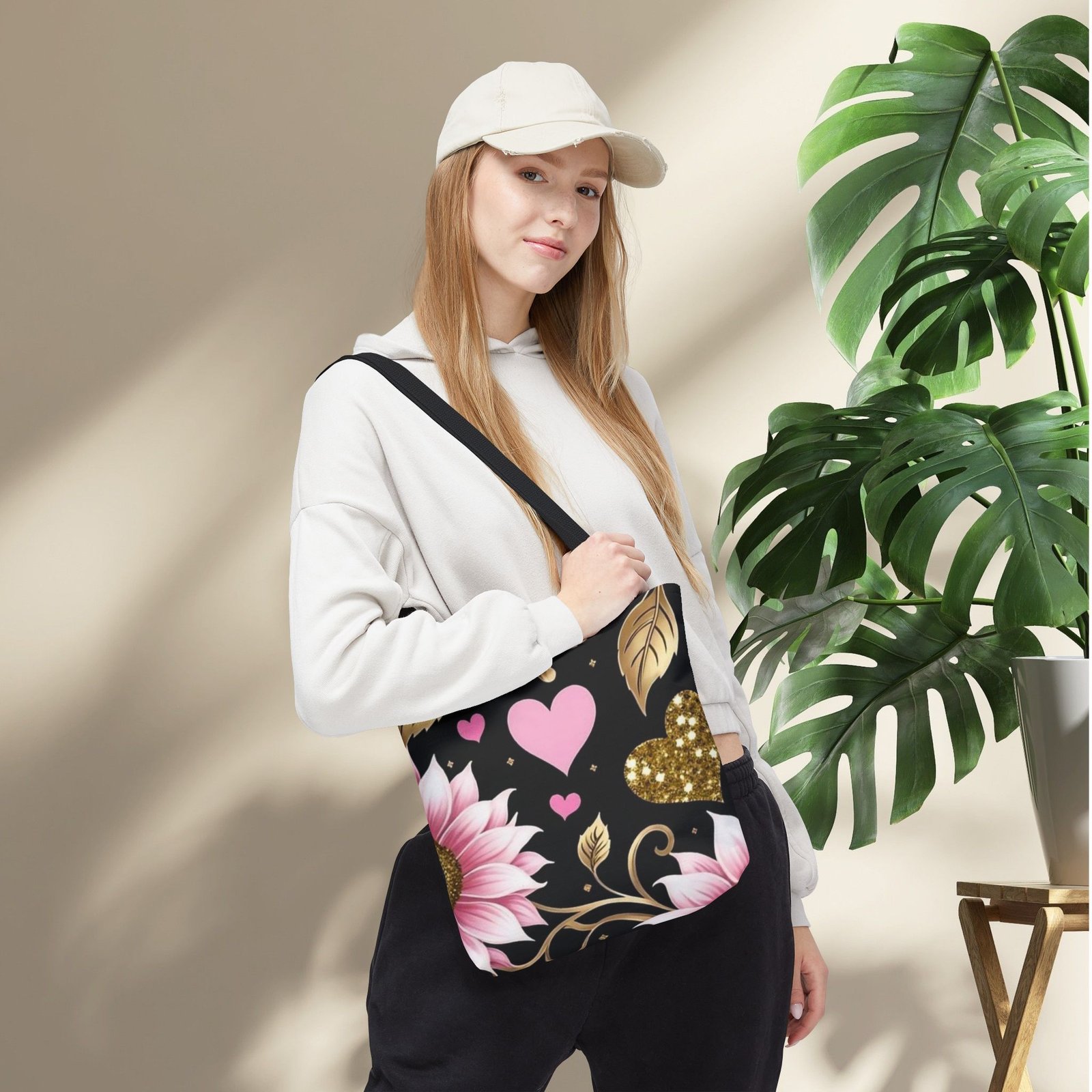 Pink Floral & Glitter Gold Hearts Tote Bag - Image 5