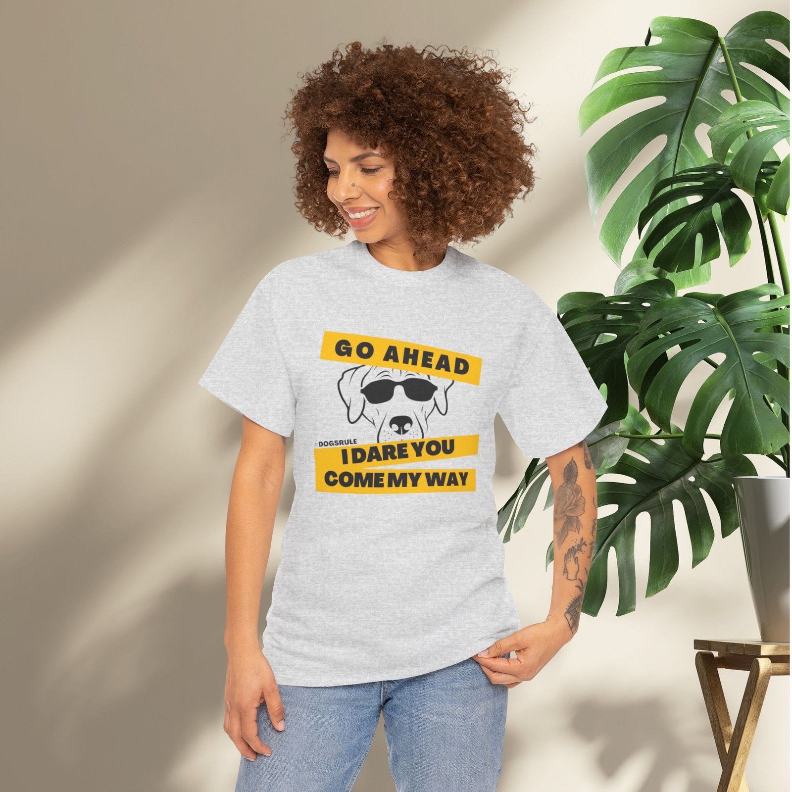 "Go Ahead I Dare You Come My Way" #Dogsrule Sunglasses Pup Unisex T-Shirt - Image 8