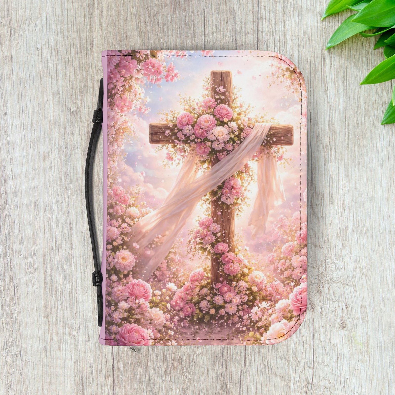 Pink Floral Cross Zippered Bible Cover Case