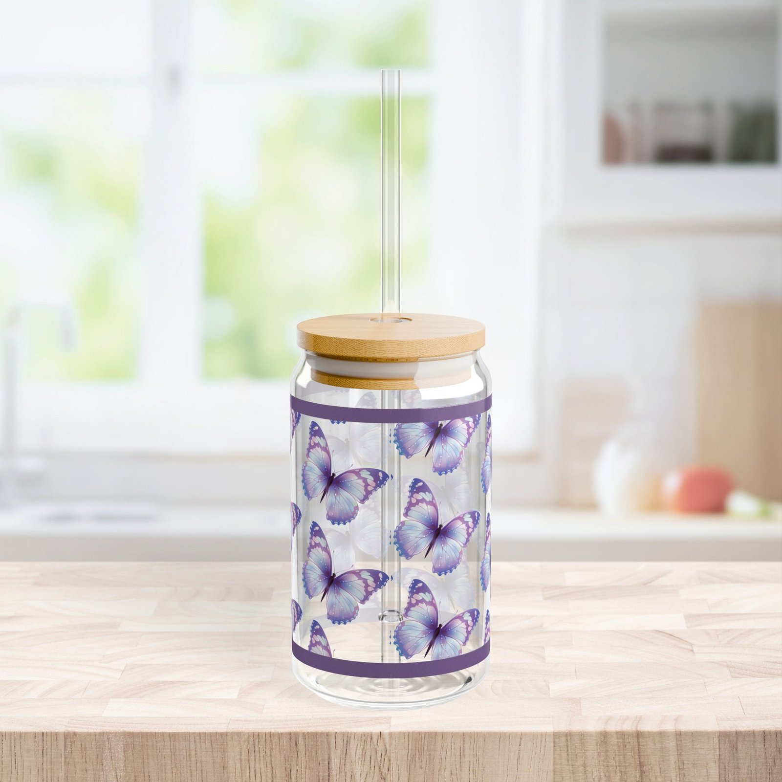 Purple Spring Butterfly Sipper Glass  — Reusable Straw (16 oz) - Image 4
