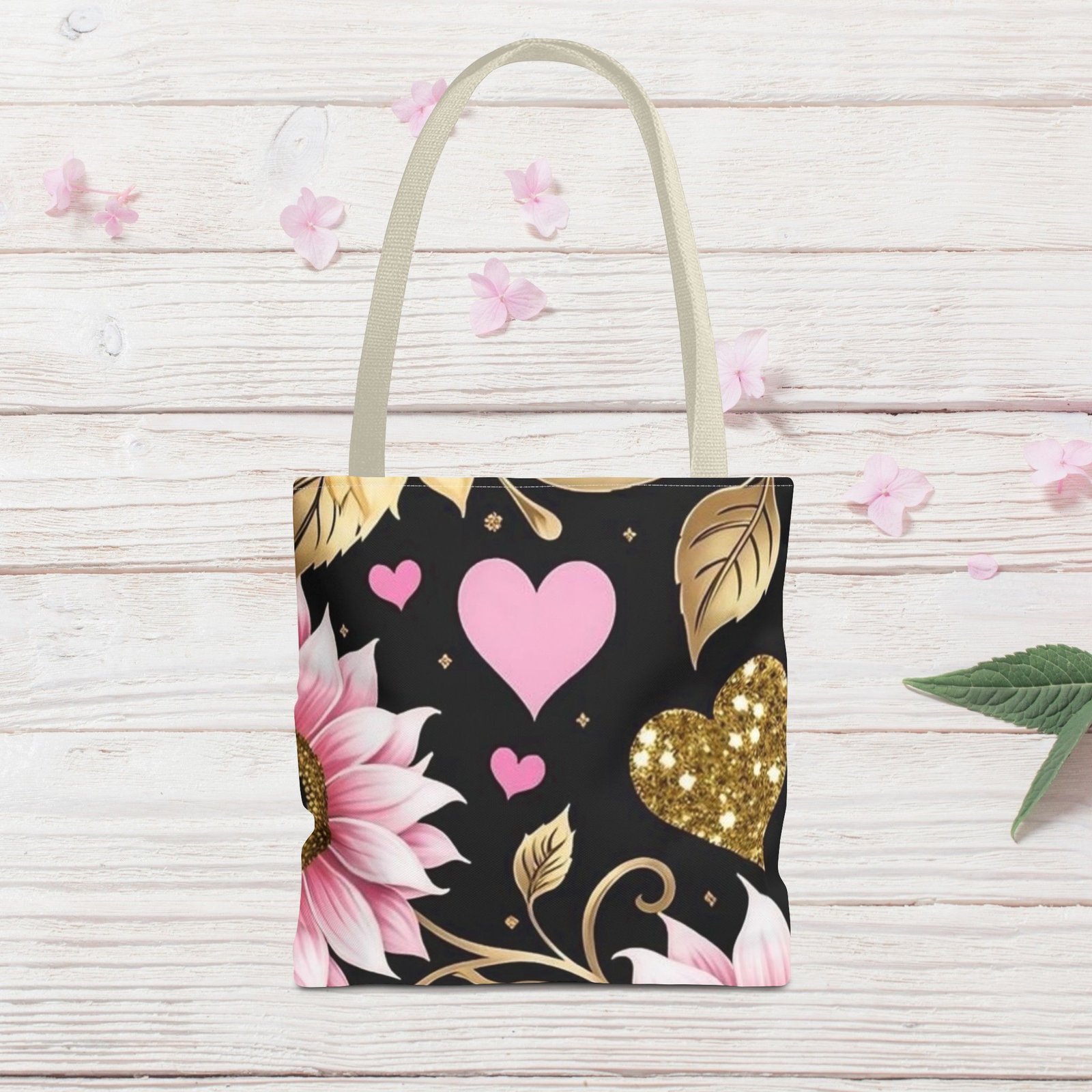 Pink Floral & Glitter Gold Hearts Tote Bag - Image 19
