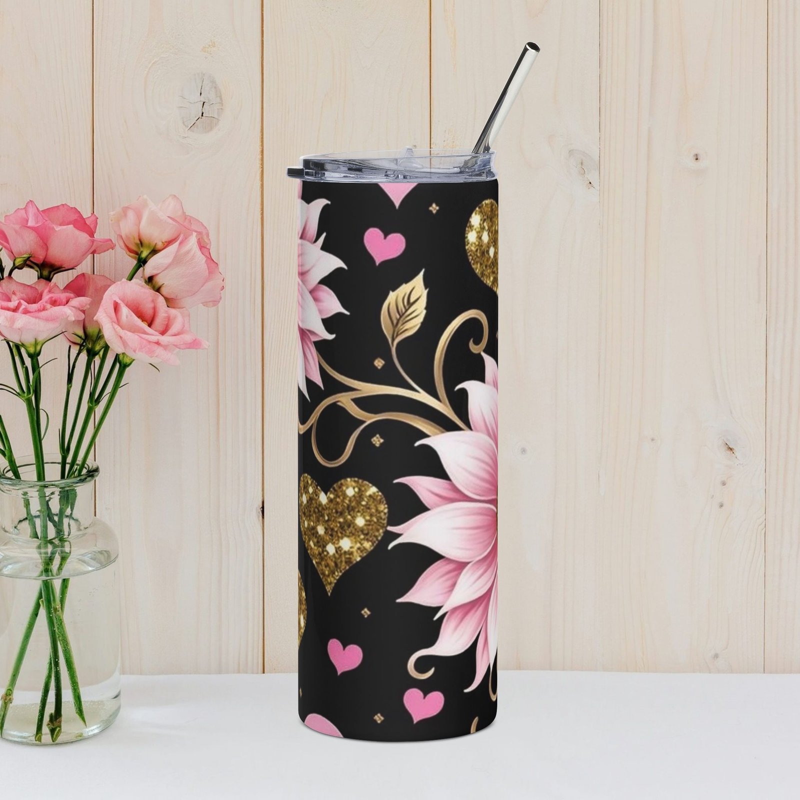 Pink Floral & Glitter Gold Hearts 20oz Stainless Tumbler - Image 2
