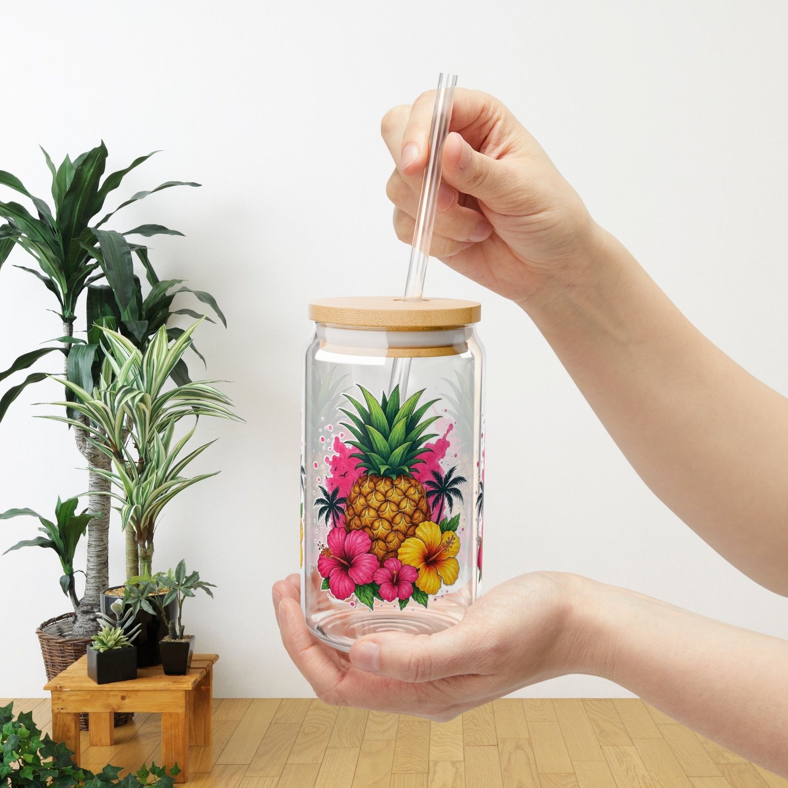 Pineapple Hibiscus Tropical Sipper Glass – 16oz with Straw - Image 6