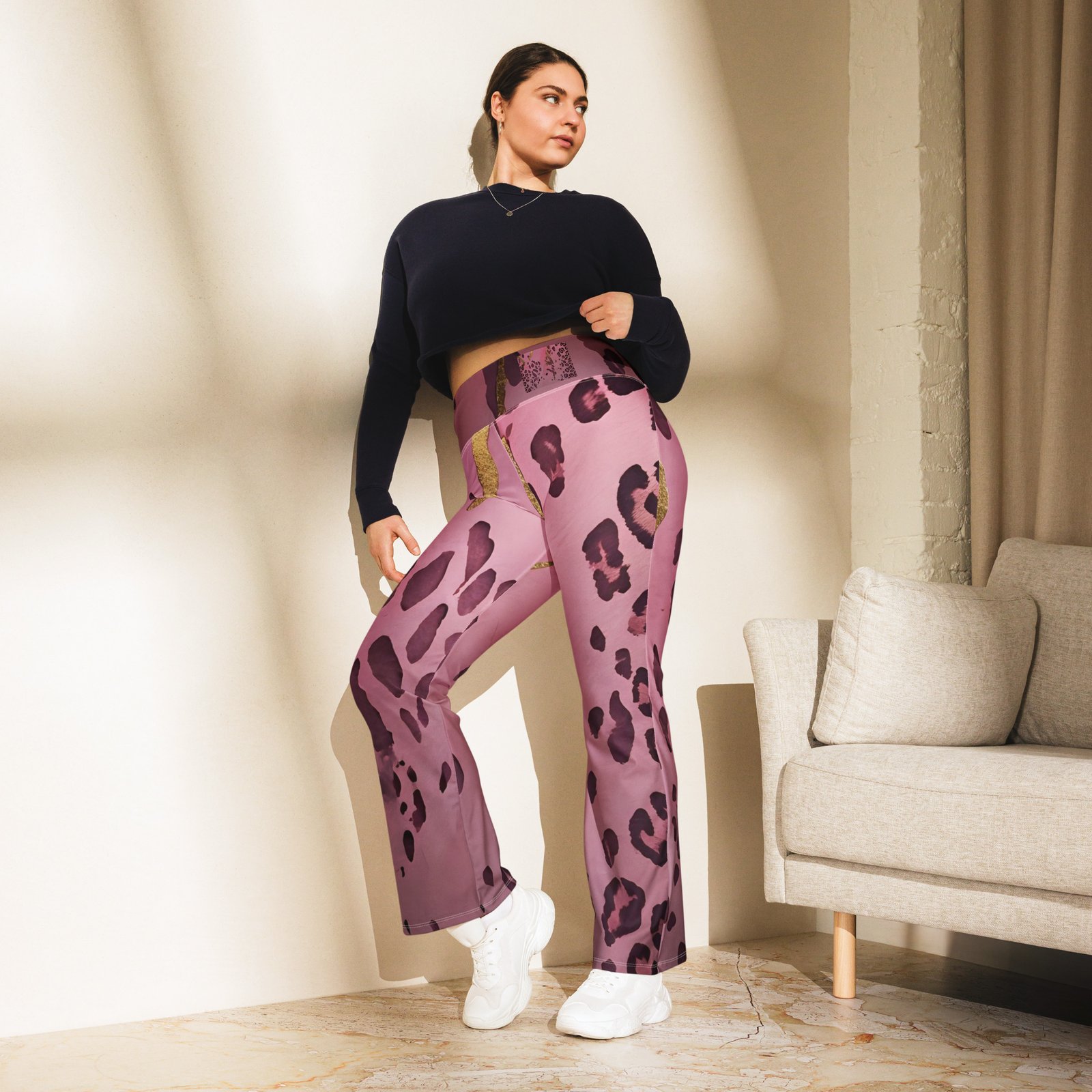 Pink & Gold Animal Print High Waist Flare Leggings