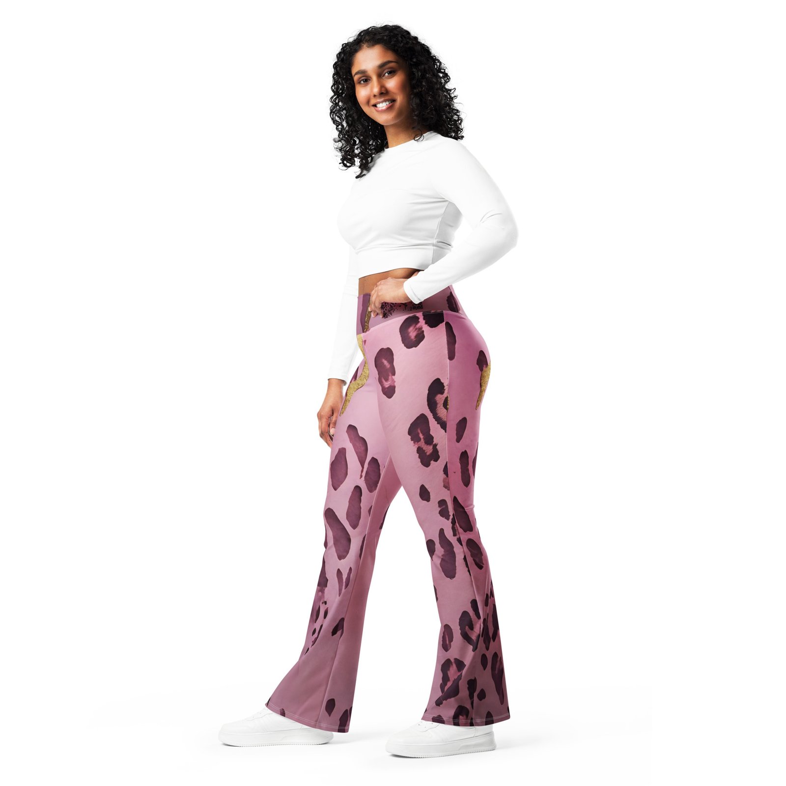 Pink & Gold Animal Print High Waist Flare Leggings - Image 6