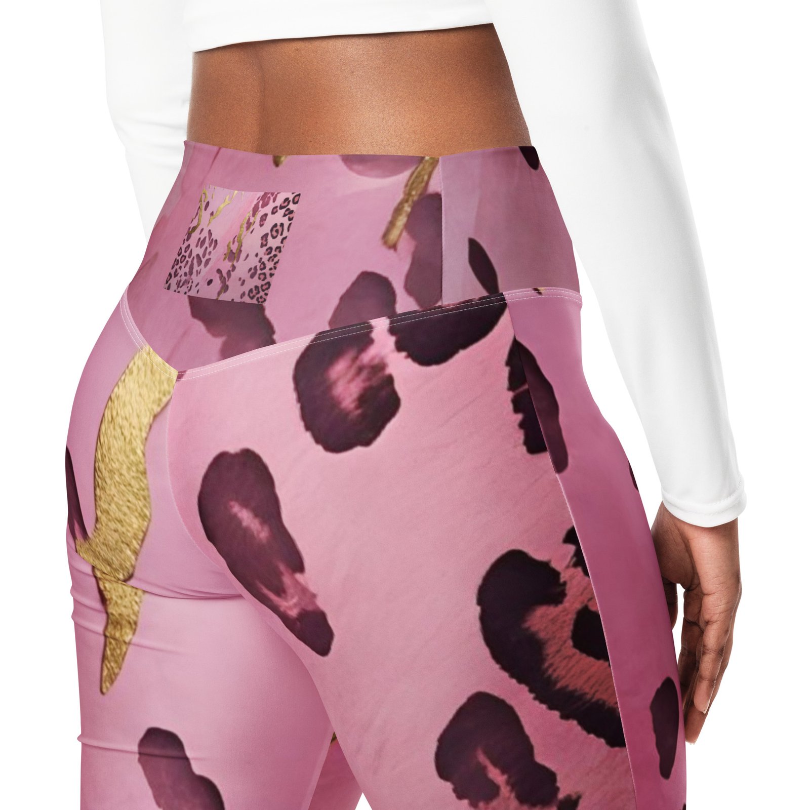 Pink & Gold Animal Print High Waist Flare Leggings - Image 4