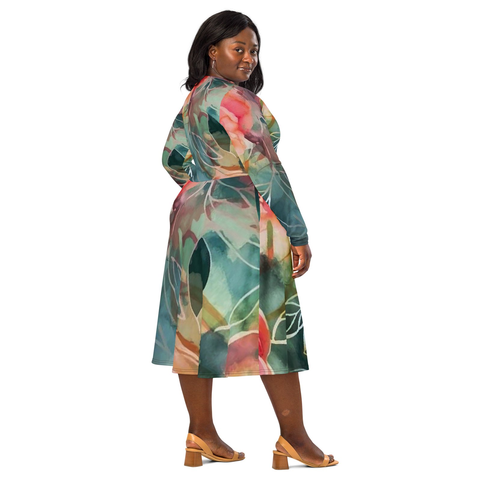 Deep Forest All-over Print Long Sleeve Midi Dress - Image 3
