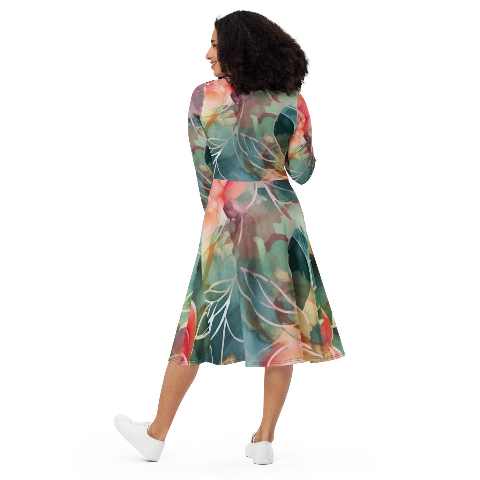 Deep Forest All-over Print Long Sleeve Midi Dress - Image 6