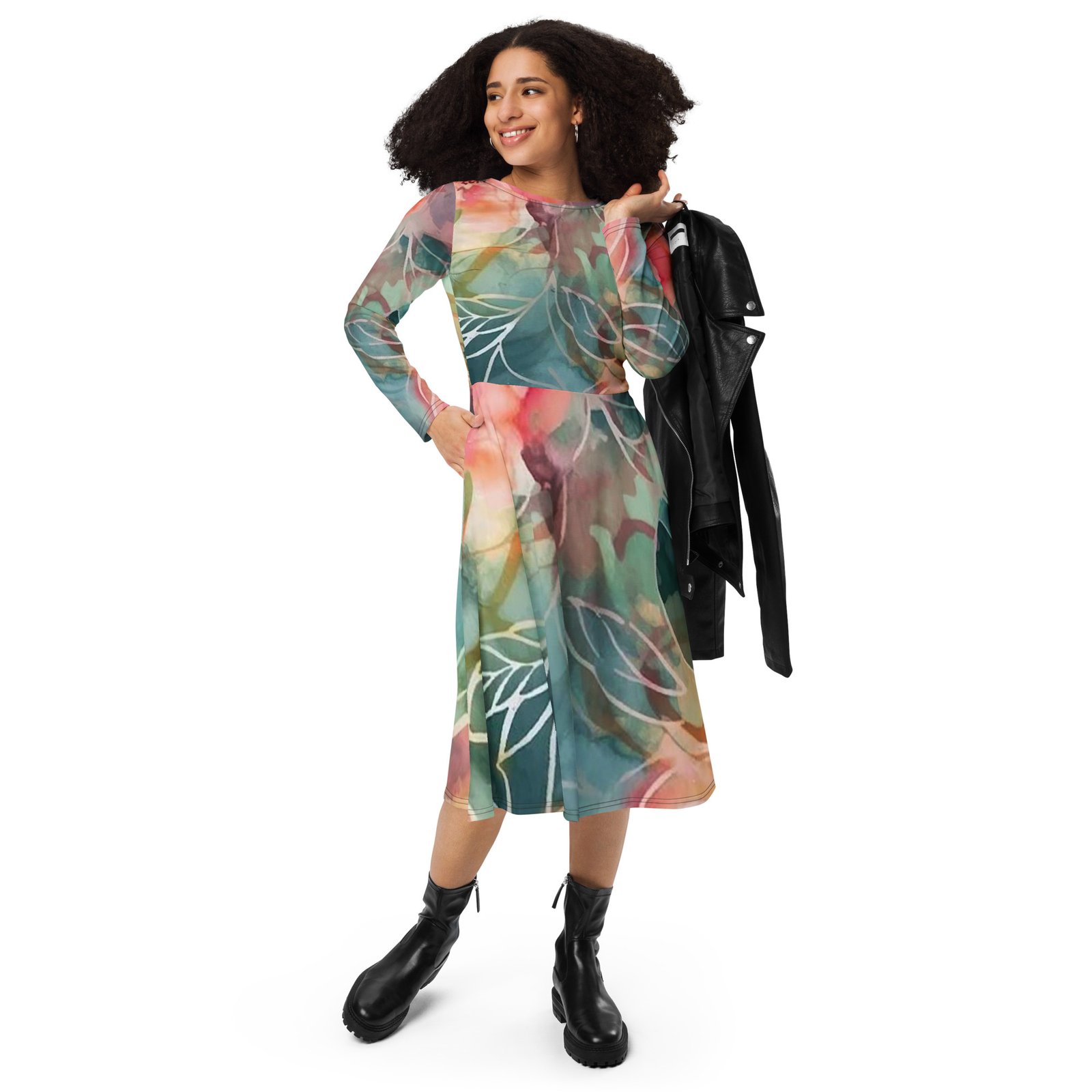 Deep Forest All-over Print Long Sleeve Midi Dress - Image 8