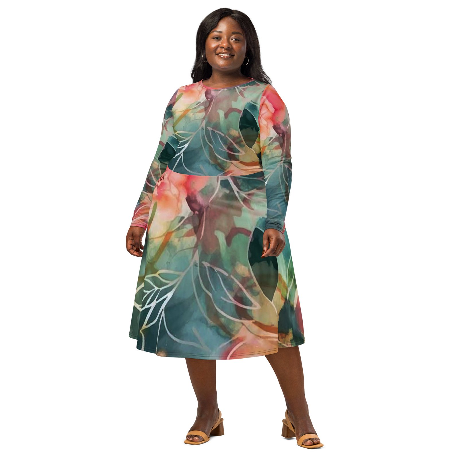Deep Forest All-over Print Long Sleeve Midi Dress - Image 4