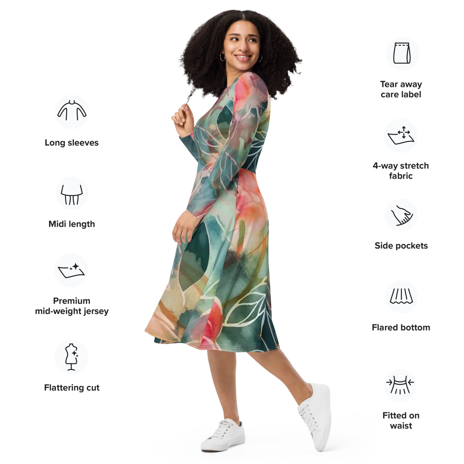 Deep Forest All-over Print Long Sleeve Midi Dress - Image 2