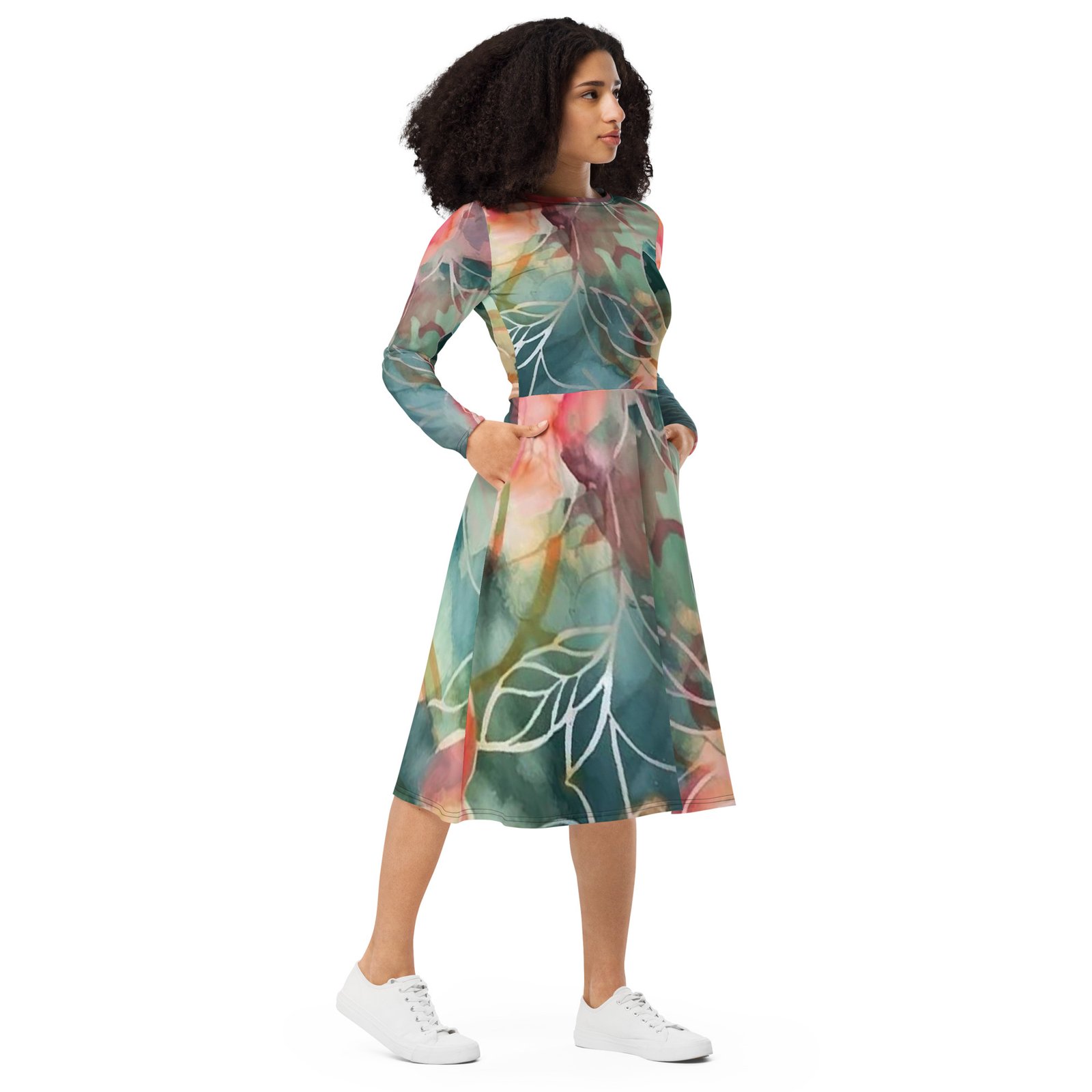 Deep Forest All-over Print Long Sleeve Midi Dress - Image 7
