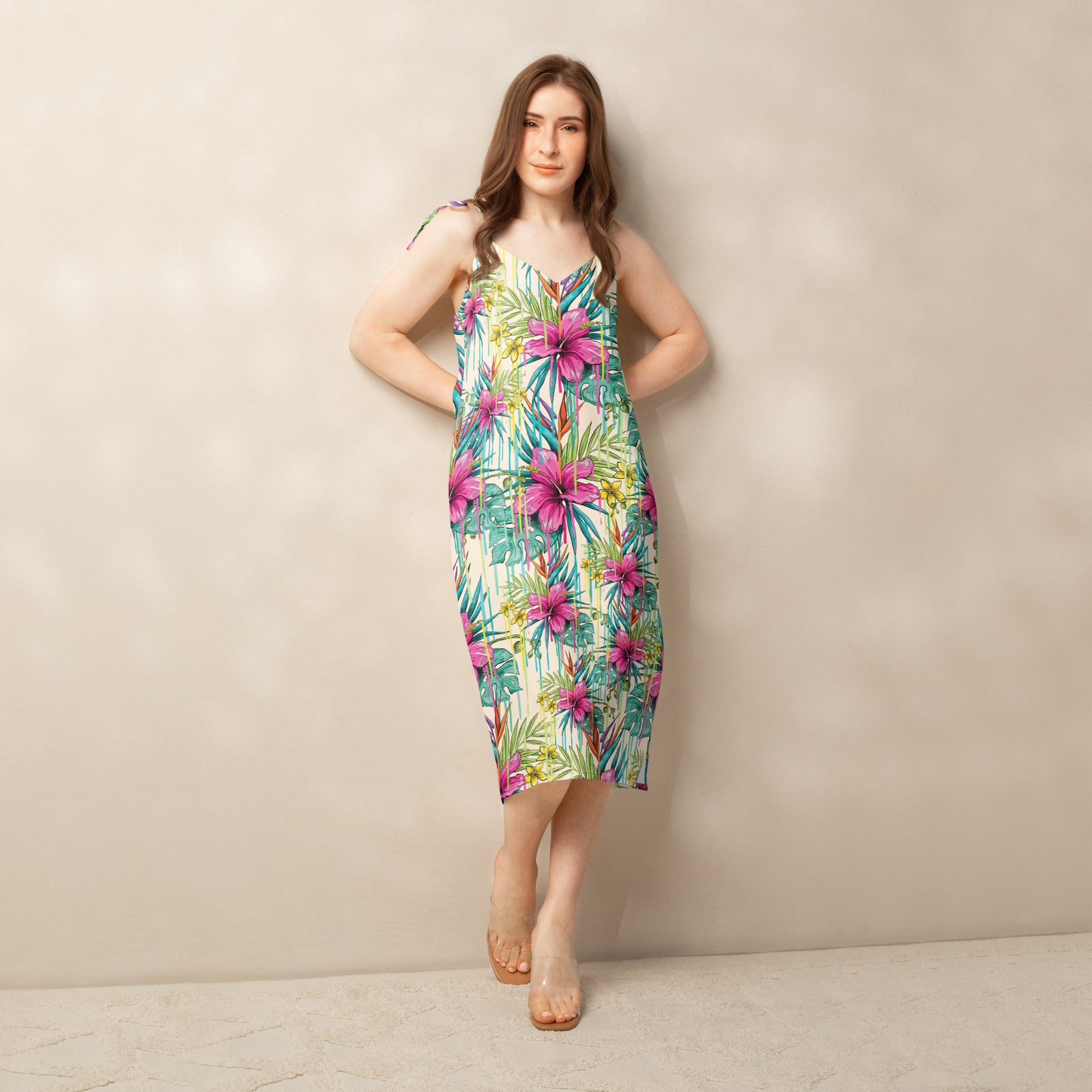 Tropical Hisbiscus Tie-Strap Midi Dress