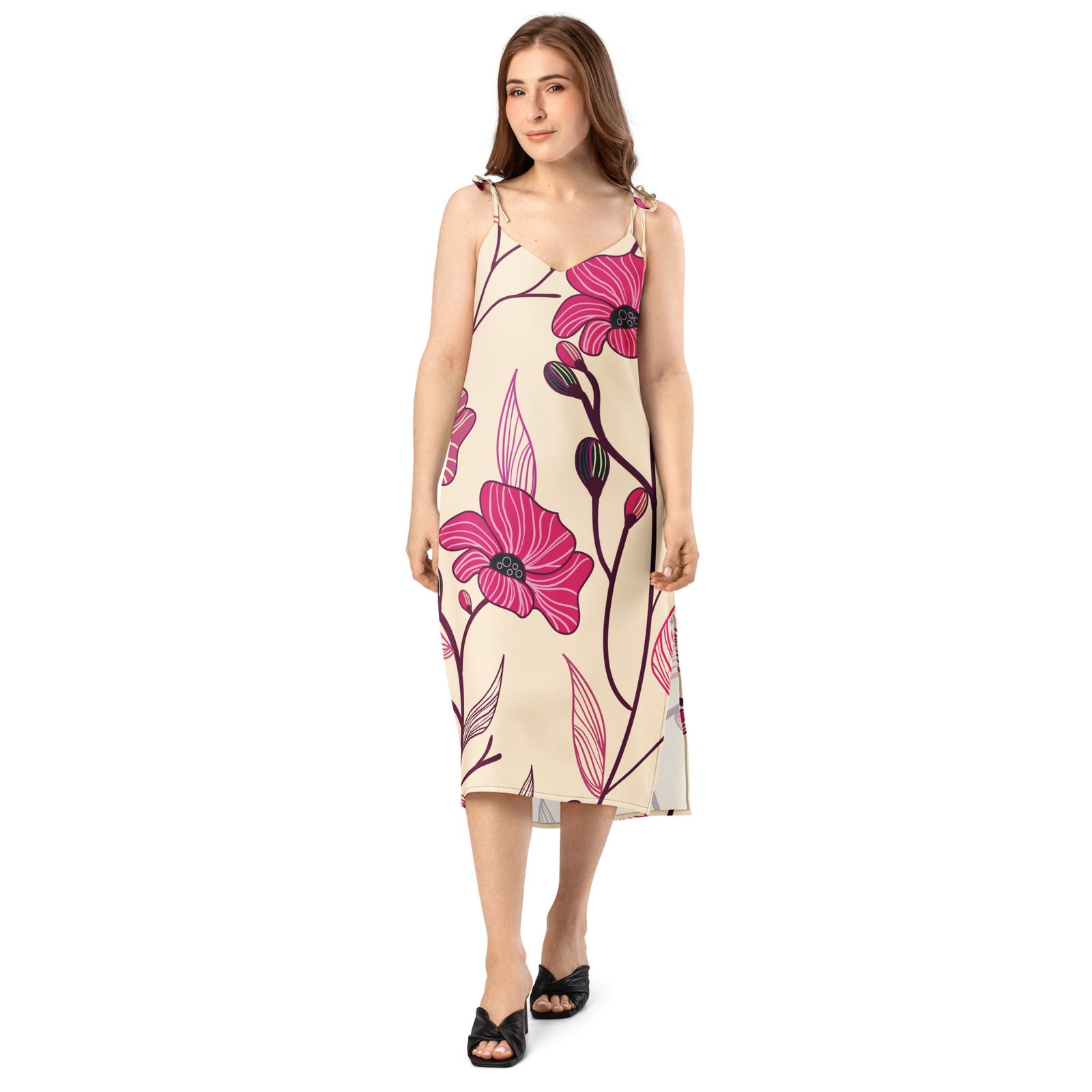 Big & Bold Pink Floral Tie-Strap Midi Dress - Image 3
