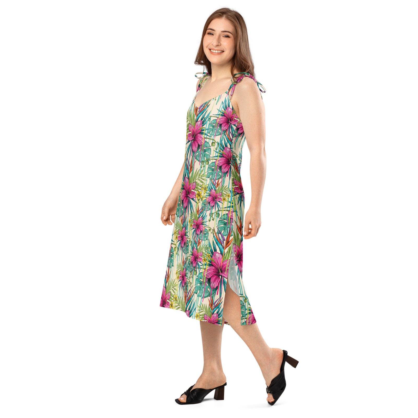 Tropical Hisbiscus Tie-Strap Midi Dress - Image 6