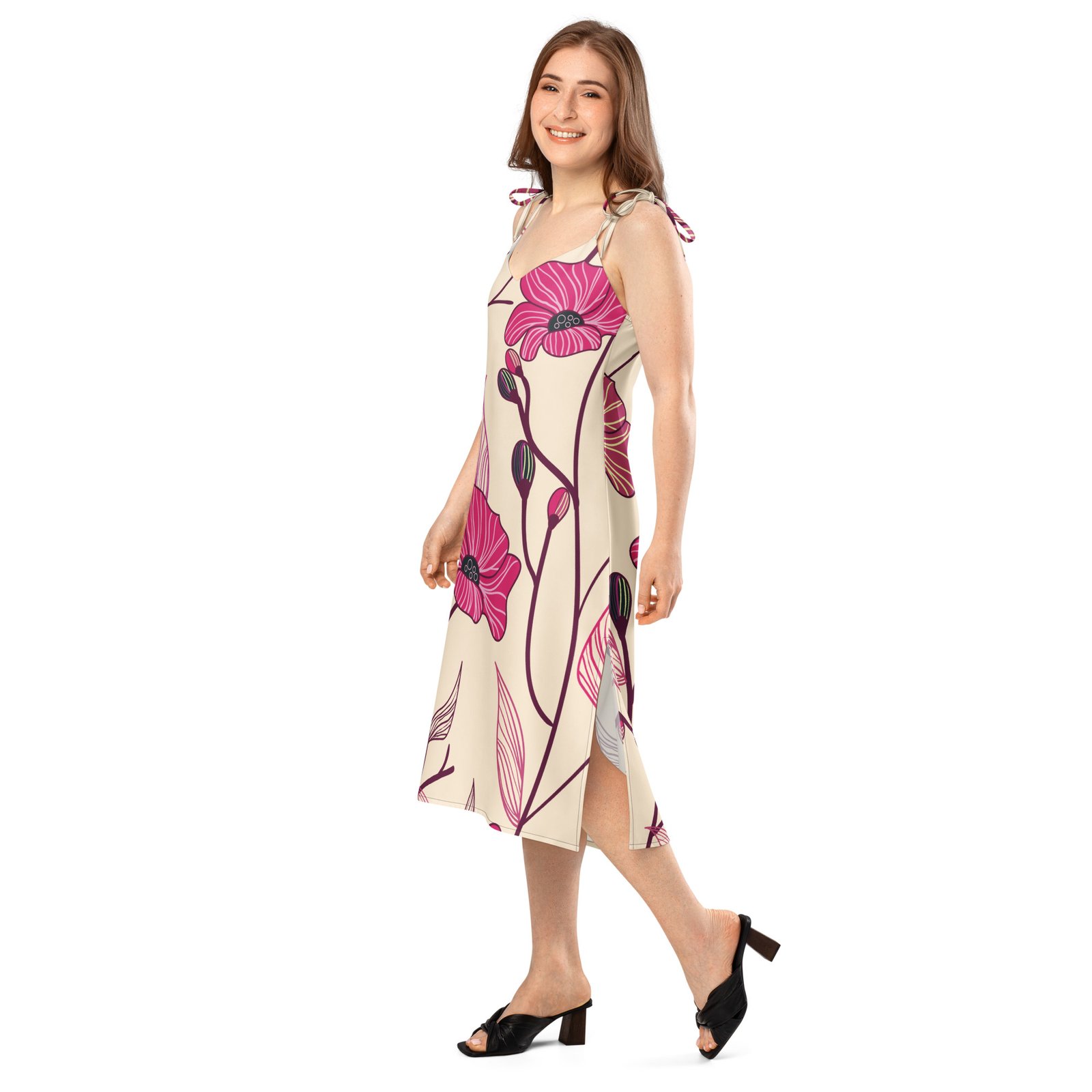 Big & Bold Pink Floral Tie-Strap Midi Dress - Image 2