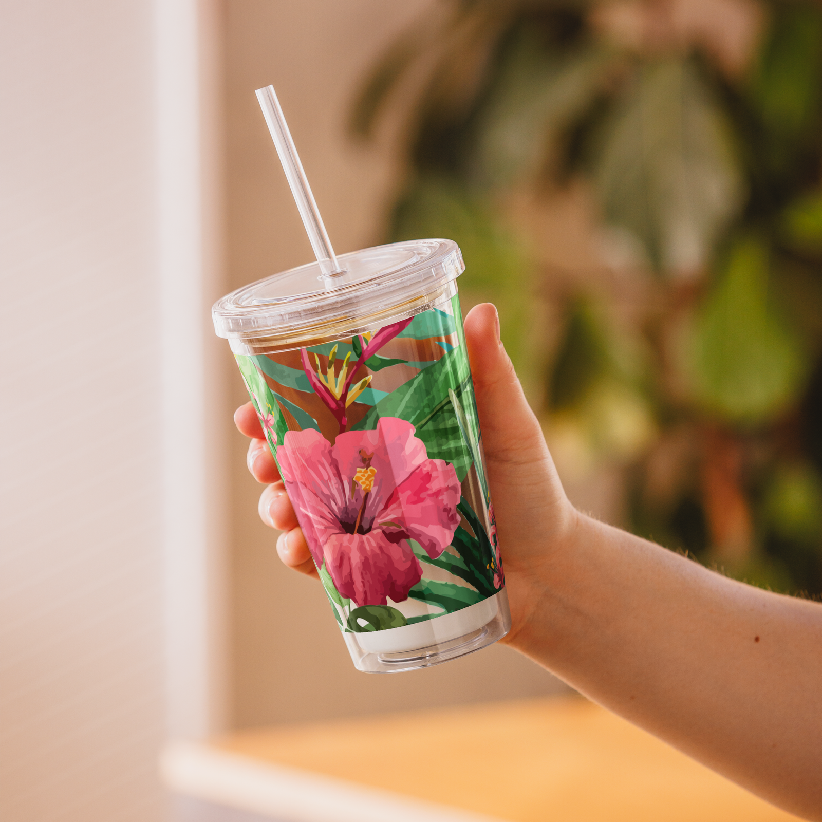 Tropical Pink Hibiscus Clear Plastic Tumbler