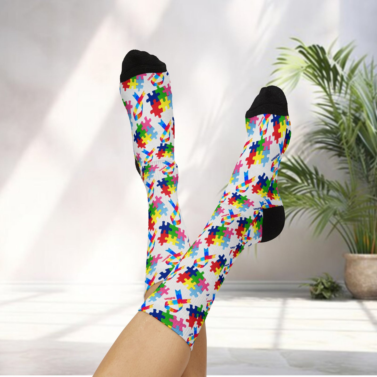 Autism Awareness Puzzle Piece Sublimation Socks – Colorful Crew Socks - Image 17