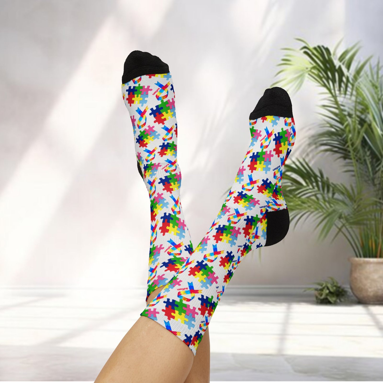 Autism Awareness Puzzle Piece Sublimation Socks – Colorful Crew Socks - Image 10