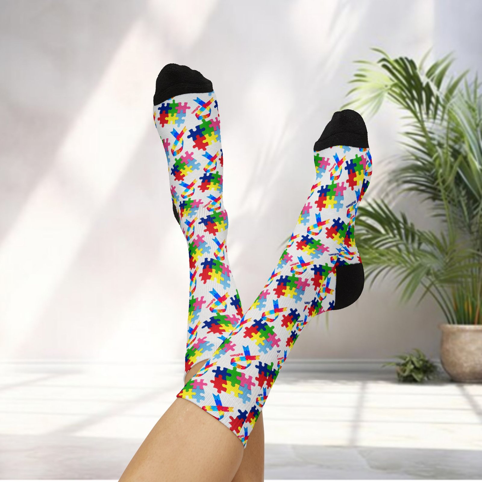 Autism Awareness Puzzle Piece Sublimation Socks – Colorful Crew Socks - Image 4