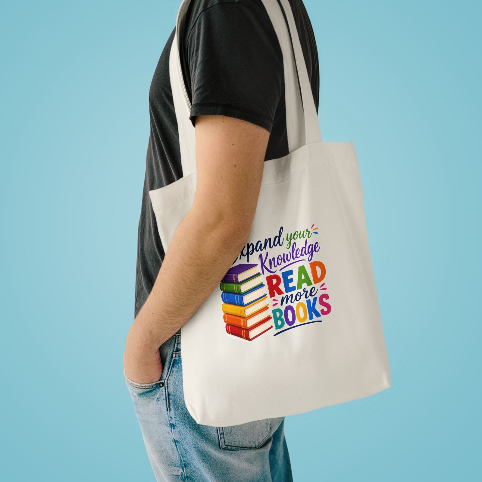 "Expand Your Knowledge: Read More Books" Bookstack Large Tote Bag - Image 4