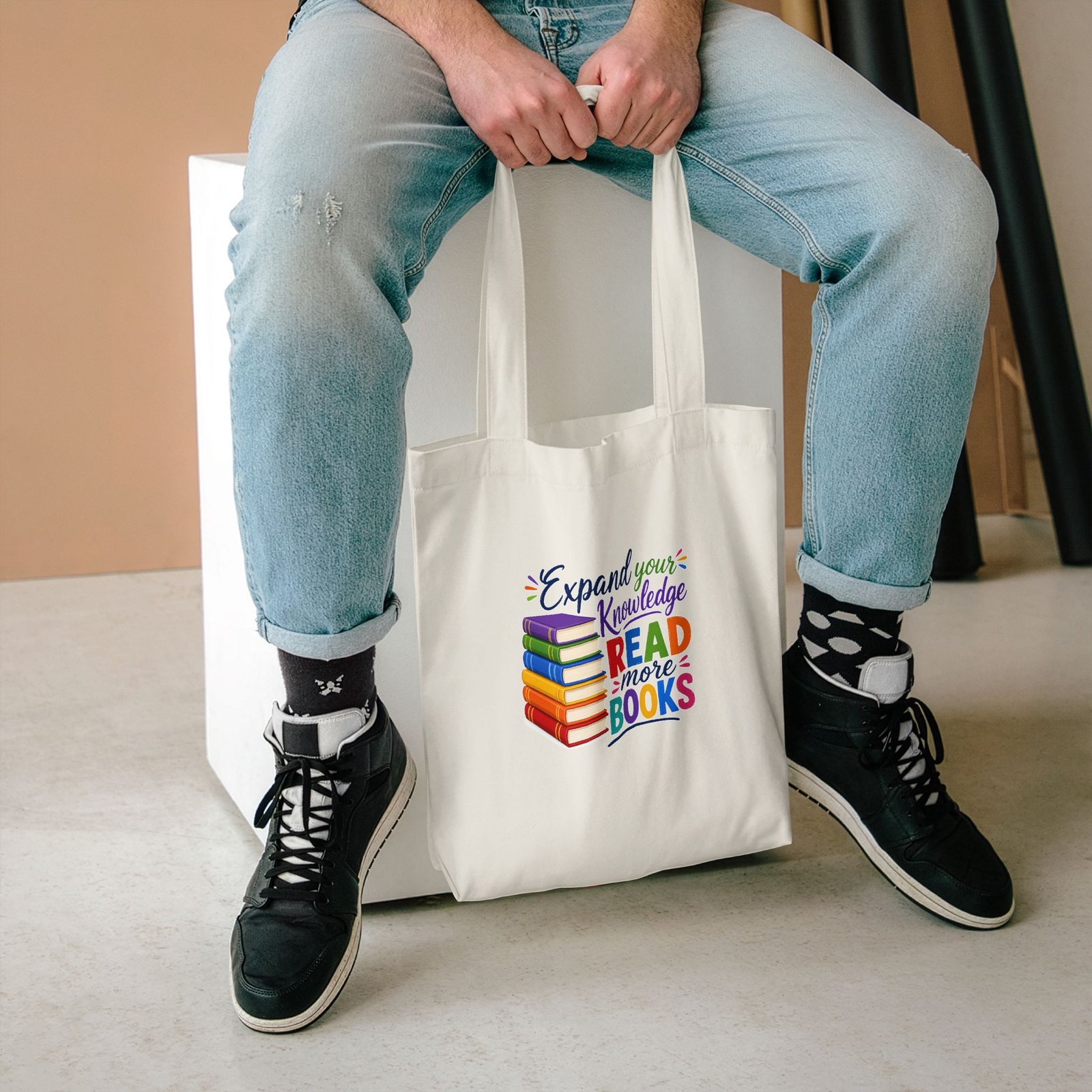 "Expand Your Knowledge: Read More Books" Bookstack Large Tote Bag - Image 5