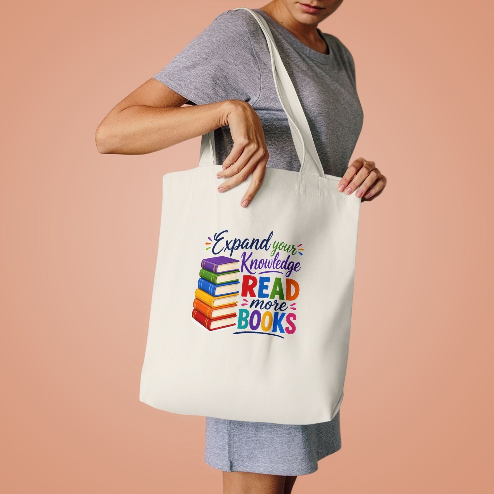 "Expand Your Knowledge: Read More Books" Bookstack Large Tote Bag - Image 1